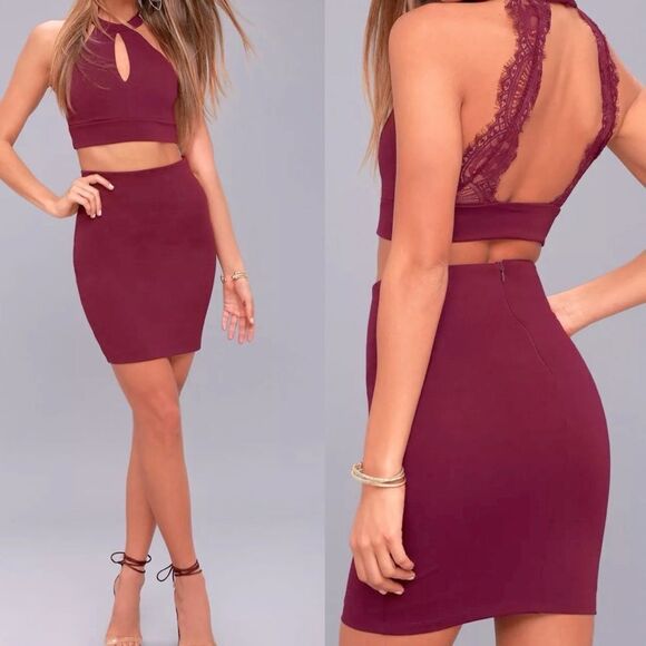 Lulus 2 piece Chic My Interest Burgundy red lace crop top dress mini skirt L - Picture 1 of 13